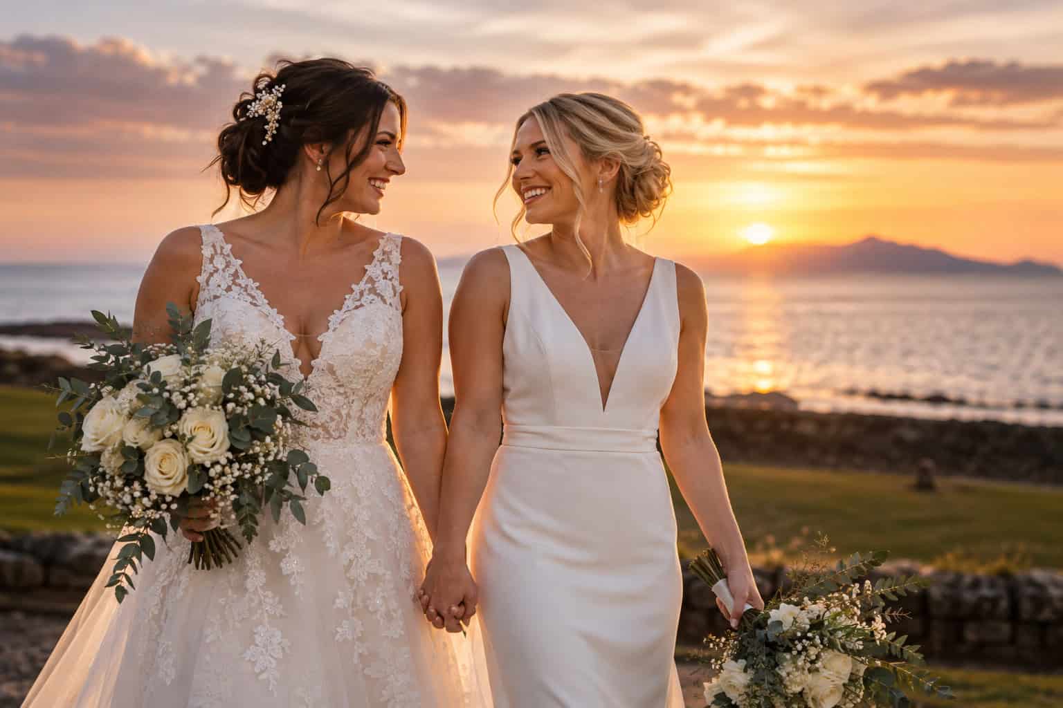 Two brides holding hands on their wedding day in Scotland